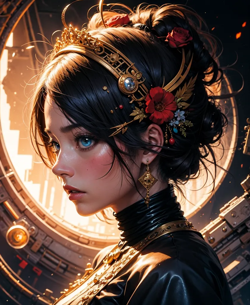 This is an image of a beautiful woman with long, dark hair. She is wearing a golden crown and a black dress with a white collar. There are red and pink flowers in her hair. She is standing in front of a large, glowing portal.