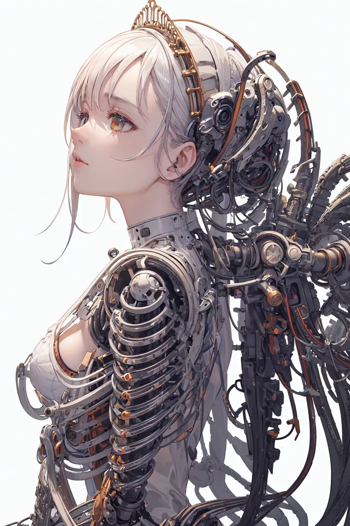 The image is a portrait of a young woman with white hair and yellow eyes. She is wearing a white dress with a metal corset and has a crown on her head. Her body is covered in metal wires and tubes, and she has a mechanical arm. The background is white and there is a light source on the right side of the image. The woman's expression is serious and thoughtful. She is looking to the right of the frame, which is an angle that is often used to convey strength and confidence. The image is a mix of traditional and digital art styles, and it is likely that the artist used a variety of techniques to create it.