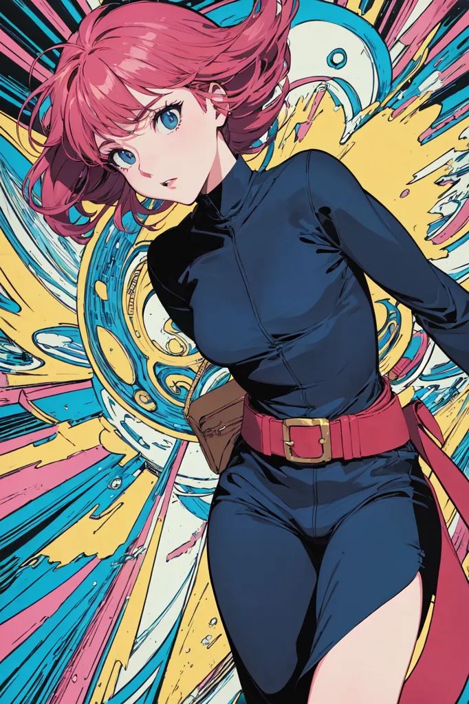 This is an image of a young woman with pink hair and blue eyes. She is wearing a black bodysuit with a red belt and a brown bag around her waist. She is standing in front of a colorful background with a shocked expression on her face.