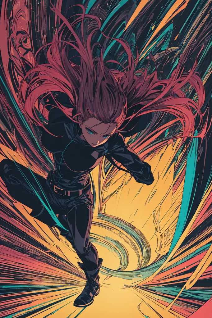 A young woman with long red hair is running. She is wearing a black jacket and black pants. The background is a blur of bright colors. The woman's expression is determined and focused. She seems to be in a hurry. The image is full of energy and movement. It is a dynamic and exciting image.