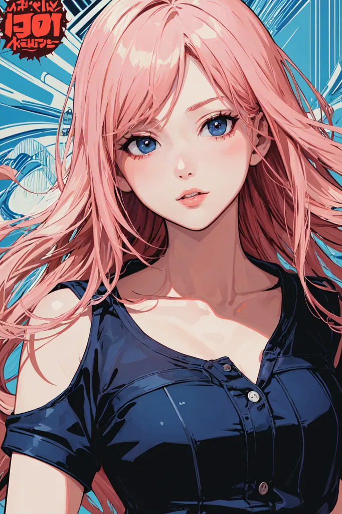 The image is a digital painting of a young woman with pink hair and blue eyes. She is wearing a blue shirt and has a serious expression on her face. The background is a blur of light blue and pink.