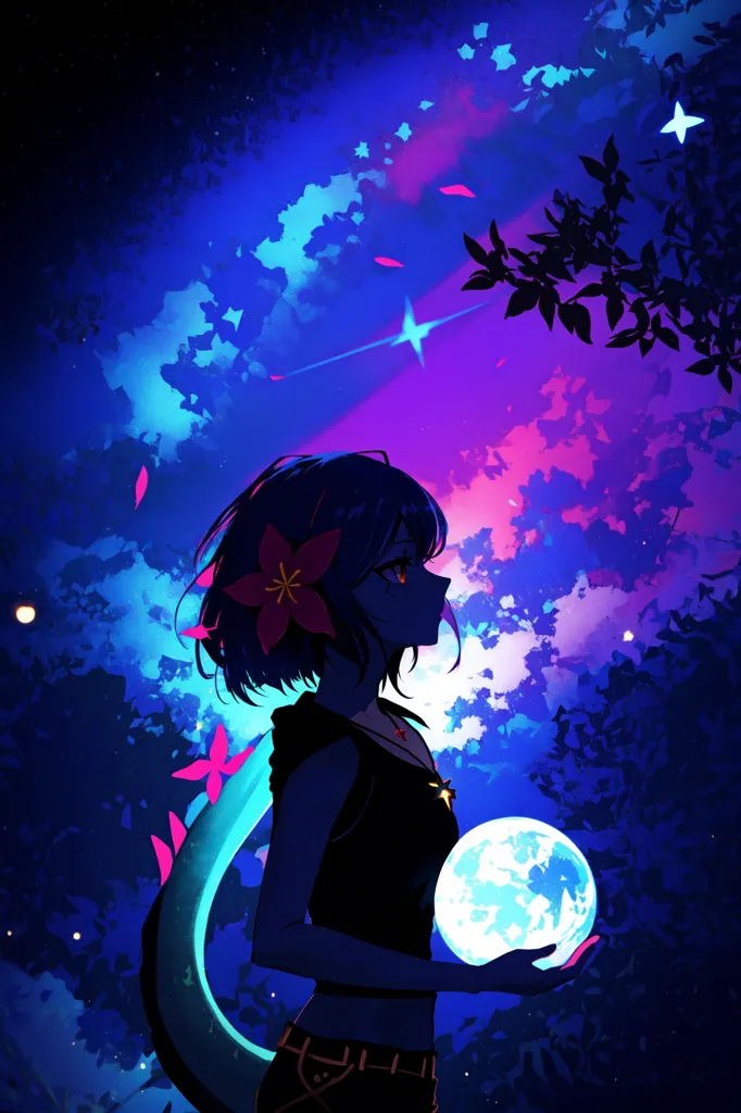 La imagen es de una niña de pie en un bosque por la noche. El cielo está oscuro y hay muchas estrellas. La niña está mirando hacia el cielo y tiene una flor en el cabello. Lleva una camiseta negra y tiene una cola azul. La niña está sosteniendo una luna brillante en la mano.