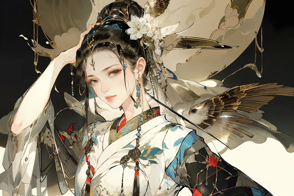 The image is a painting of a beautiful Chinese woman in a traditional Chinese dress. She has long black hair, red lips, and a serene expression on her face. She is wearing a white and blue robe with intricate patterns and a long flowing scarf. There is a bird perched on her right shoulder. The background is a dark blue with a full moon and clouds.