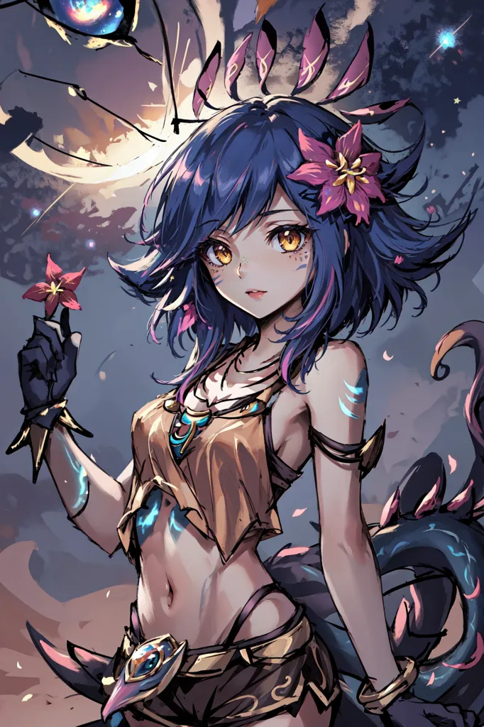 This is an image of a young woman with blue hair and yellow eyes. She is wearing a brown and blue outfit. She has a flower in her hair and is holding a flower in her hand. She is standing in front of a dark background with a large creature behind her.