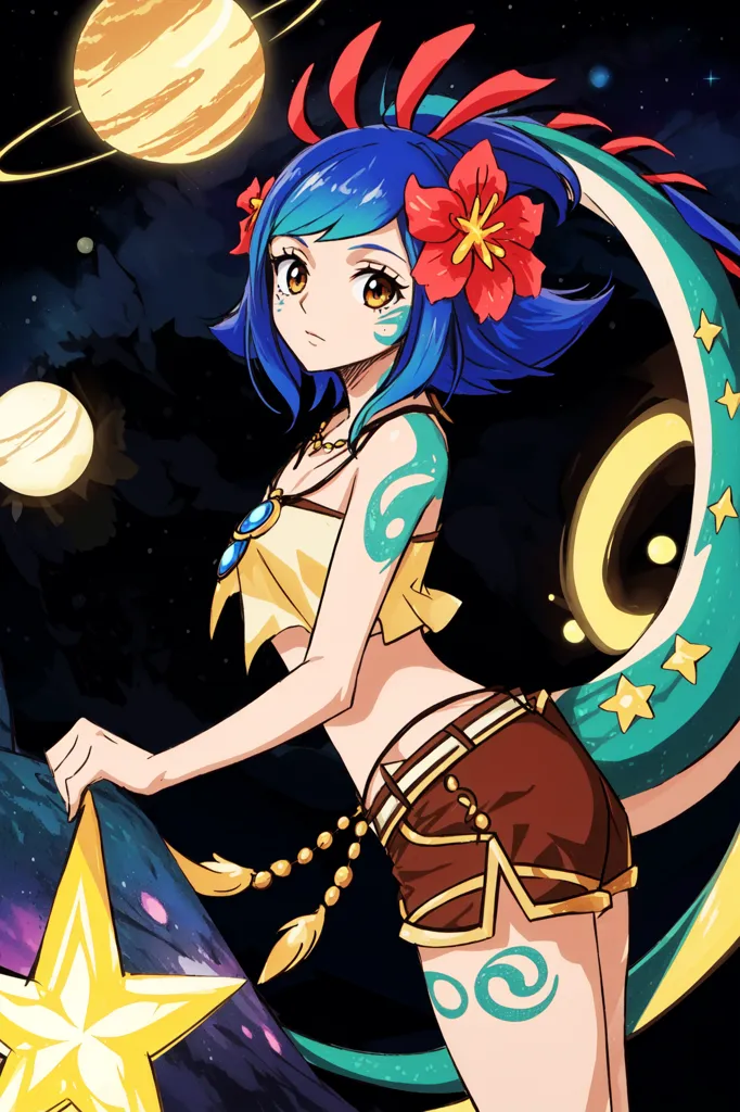 This is an image of a young woman with blue hair and a flower in her hair. She is wearing a yellow bikini top and brown shorts. She has a tattoo on her right arm and a necklace around her neck. She is standing in front of a dark blue background with stars and planets. She is holding a star in her right hand.