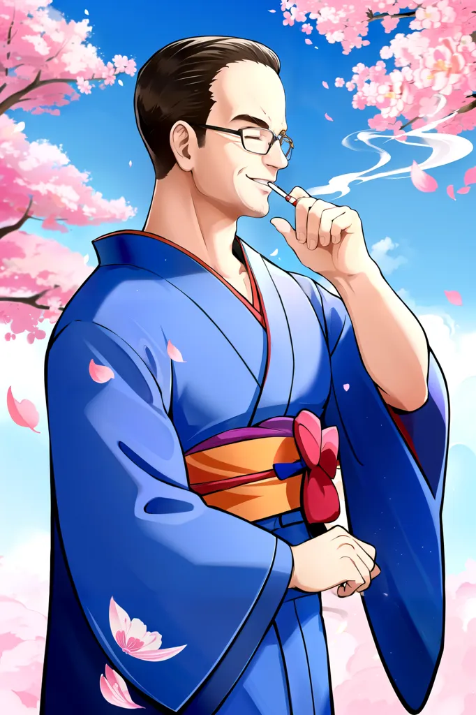 This is an image of a man in a blue kimono with a red and yellow obi. He is standing in a field of cherry blossoms. The man has short black hair and glasses. He is smoking a cigarette and looking to the right. The background is a light blue sky with white clouds.