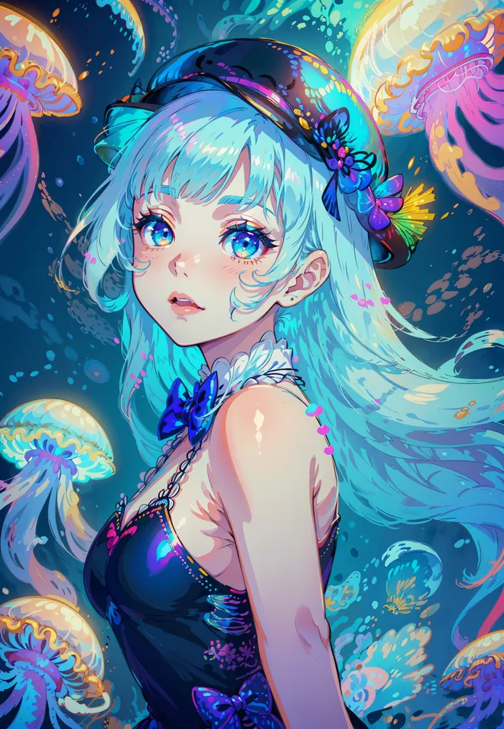 The image is a digital painting of a young woman with blue hair and blue eyes. She is wearing a black hat with a blue flower and a blue and black dress. She is standing in front of a blue background with many jellyfish. The jellyfish are of various colors, including pink, purple, and yellow. The woman's expression is soft and serene.