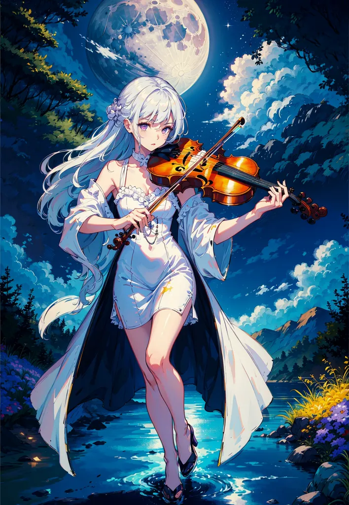 The image is of a beautiful anime girl with long white hair playing the violin. She is wearing a white dress with a thigh-high slit and is standing in a forest with a full moon in the background. The sky is dark blue with a few clouds and there are some trees and flowers in the foreground. The girl is barefoot and has a determined expression on her face. She seems to be very focused on playing the violin.