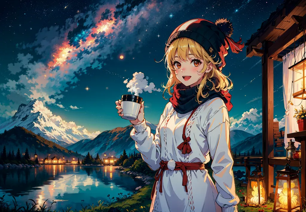 The image is a beautiful anime-style illustration of a young woman standing on a balcony, holding a cup of tea. She is wearing a warm winter outfit, including a red and white striped beanie and a long white dress with a red sash. The background is a stunning mountain landscape, with snow-capped mountains, a lake, and a forest. The sky is dark and starry, with a few clouds dotting the horizon. The overall atmosphere of the image is peaceful and serene.