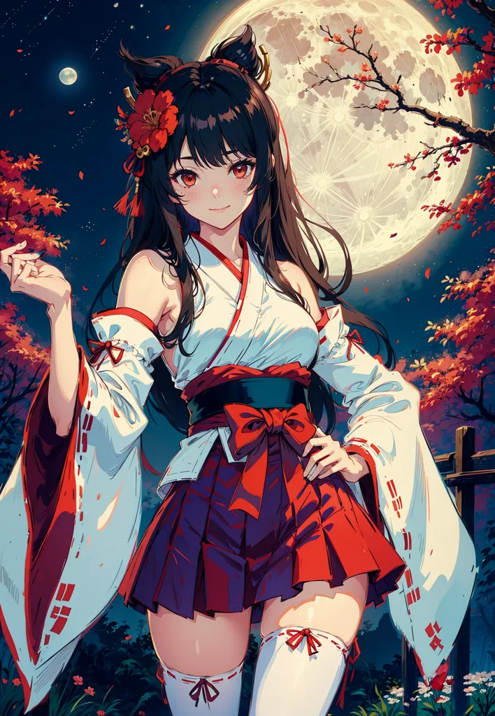 The image is of a young woman with long, dark hair and red eyes. She is wearing a traditional Japanese kimono with a red and white obi sash. The kimono has a floral pattern and is trimmed with gold. She is also wearing white tabi socks and red zori sandals. Her hair is tied up in a bun with a red ribbon and she has a red flower in her hair. She is standing in a forest at night and there is a large moon in the background. The moon is orange and has a white glow around it. The trees in the forest are bare and the ground is covered in snow.