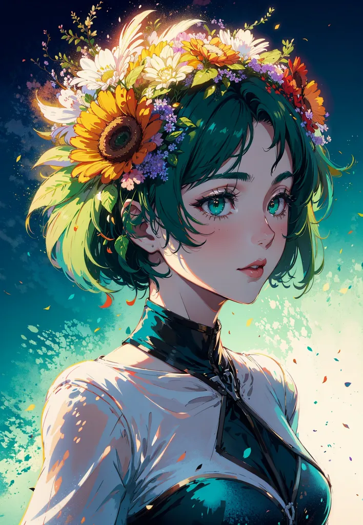 The image is a painting of a young woman with green hair and blue eyes. She is wearing a white dress with a green sash and has a wreath of sunflowers and other flowers in her hair. The background is a blur of blue and green with white dots. The painting is done in a realistic style and the woman's expression is soft and serene.