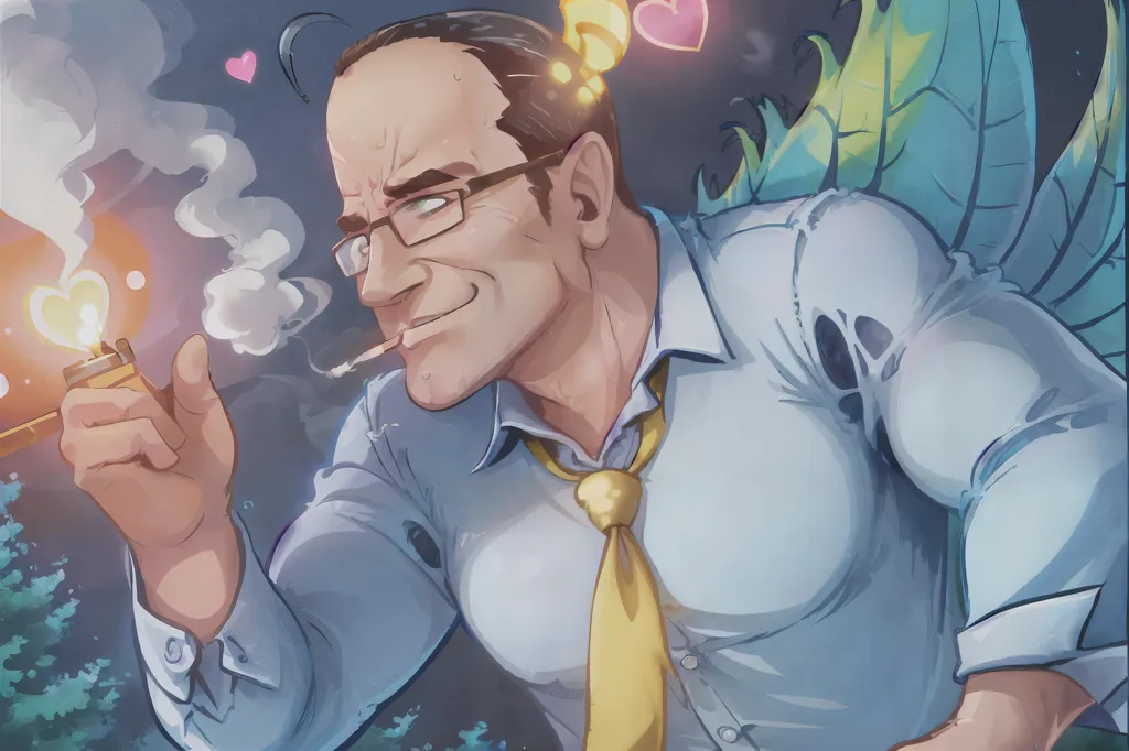 The image shows a man with a muscular build and dark hair wearing a white shirt and yellow tie. He has a cigarette in his mouth and is smoking it. He is also wearing glasses. He has green fairy wings and there are small pink hearts around his head. The background is dark with a hint of a forest scene.