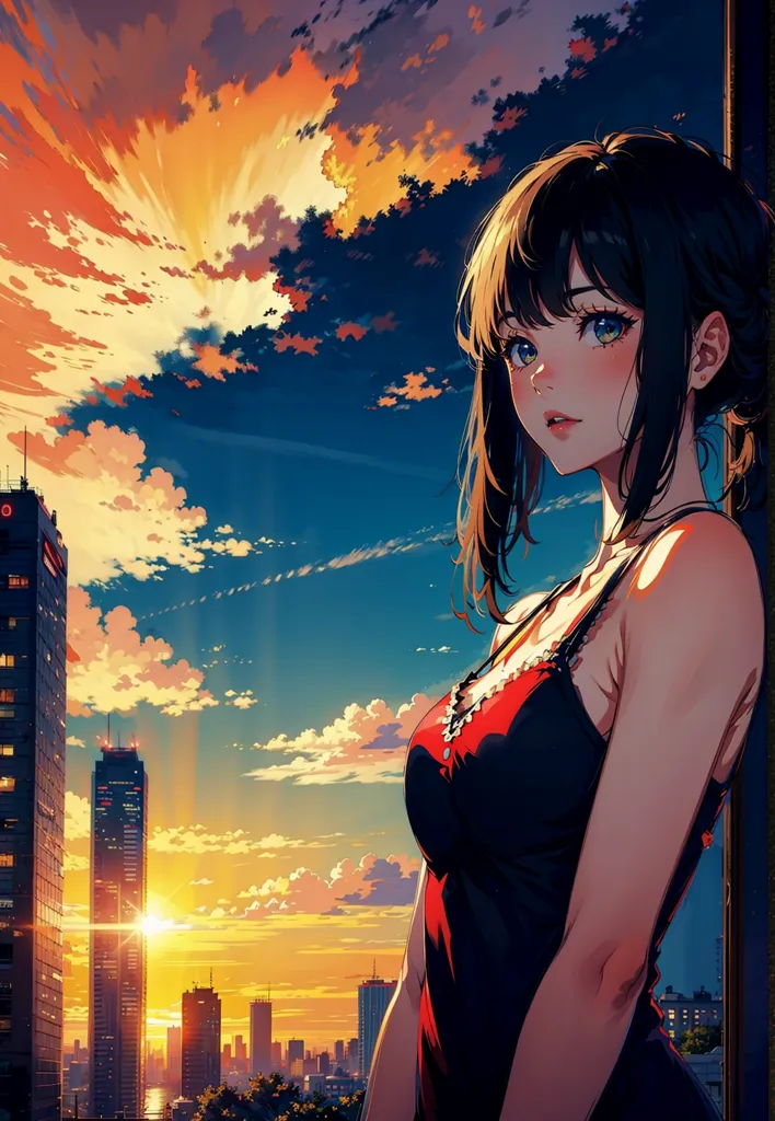 The image is of a young woman standing on a rooftop in the evening. She is looking at the sunset over the city. The sky is a gradient of orange and yellow, with a few wispy clouds. The city is in the distance, with tall buildings and lights. The woman is wearing a black dress with a red lace overlay. She has long brown hair and green eyes. She is leaning against a railing and has a pensive expression on her face.