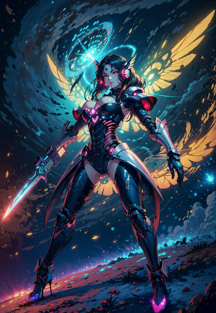 This is an image of a woman standing in a dark, futuristic setting. She is wearing a black and blue bodysuit and has long, flowing hair. She is also wearing a pair of high heels and has a sword in her hand. There are several glowing blue and yellow objects in the background.