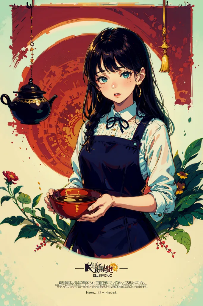 The image is a portrait of a young woman with long black hair and blue eyes. She is wearing a white blouse and a blue pinafore dress. She is holding a bowl of soup in her hands. There is a teapot and some flowers next to her. The background is a red circle with a white border. The image is drawn in a realistic style and the colors are vibrant and bright.