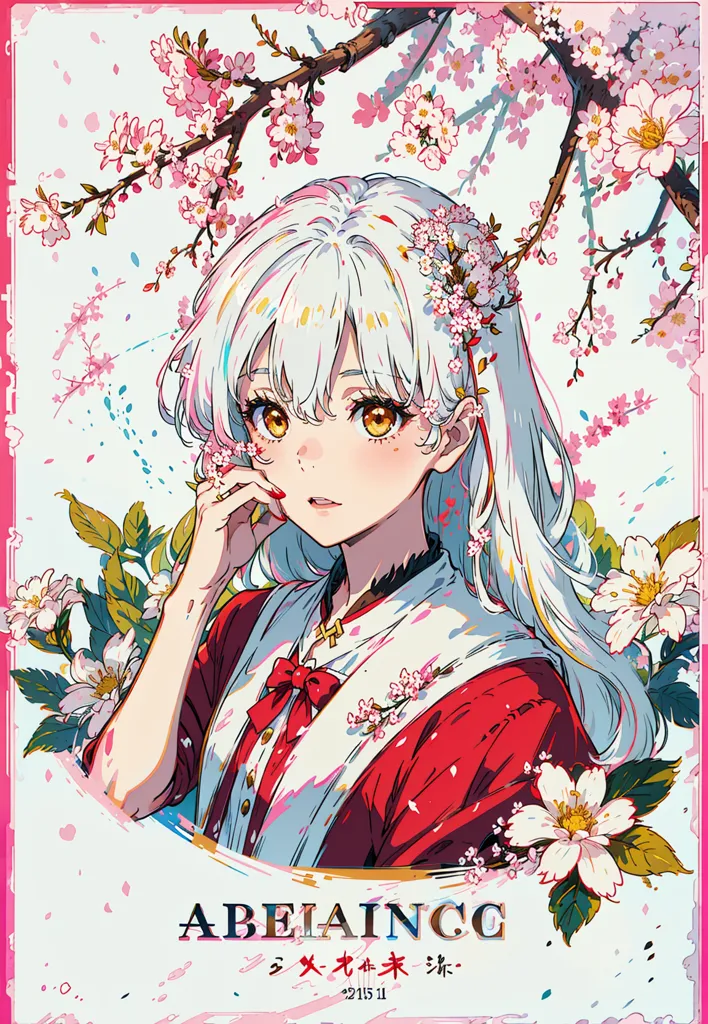 The image is a painting of a young woman with long white hair and yellow eyes. She is wearing a red kimono with a white obi and has a pink bow in her hair. She is standing in front of a branch of cherry blossoms and has a gentle smile on her face. The painting is done in a realistic style and the colors are vibrant and lifelike. The image is likely a depiction of a Japanese woman during the cherry blossom season.