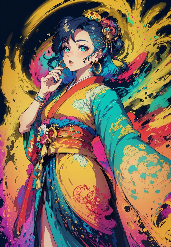 The image is a painting of a young woman in a kimono. She has blue hair and blue eyes, and she is wearing a yellow and green kimono with a floral pattern. The background is a bright yellow, and there are colorful splashes of paint all around her. The woman is looking at the viewer with a serious expression.