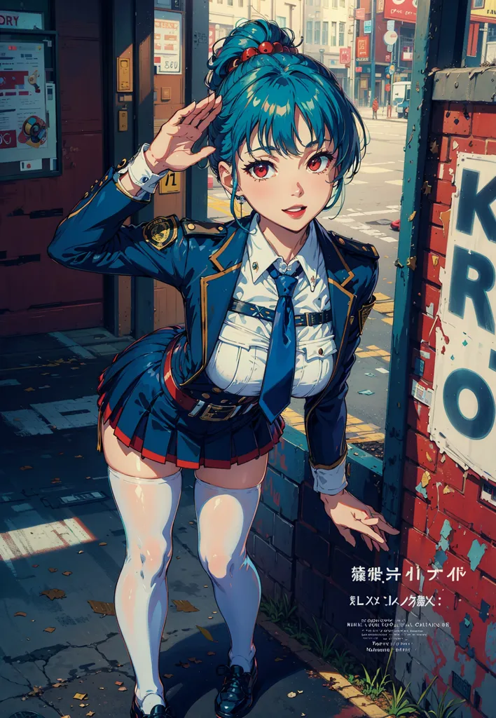 The picture shows a young woman standing at attention and saluting. She has blue hair tied in a bun, red eyes, and is wearing a police uniform that consists of a blue skirt, a white shirt, a blue tie, and a blue hat. She also has a gun holster on her right side. The background is a busy street with cars and people walking around.