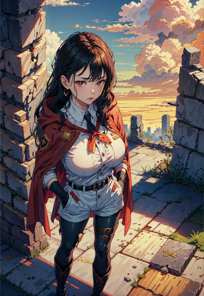 This is an image of a young woman standing in a ruined city. She is wearing a red cape and a white shirt. The woman has brown hair and red eyes. She is looking at the viewer with a serious expression. The background of the image is a ruined city with a large tower in the distance. The sky is cloudy and there is a hint of sunlight peeking through the clouds.