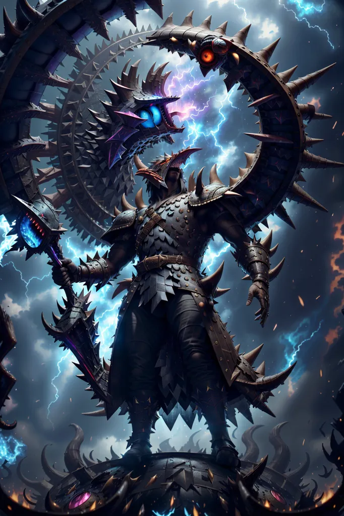 The image is a dark fantasy illustration of a warrior standing in a stormy, lightning-filled sky. The warrior is wearing black armor and a horned helmet, and they are wielding a large, glowing sword. They are surrounded by a giant, serpentine creature with glowing blue eyes and a mouth full of sharp teeth. The creature is wrapped around the warrior, and its tail is raised in the air, ready to strike. The warrior is looking at the creature with a determined expression, and they are holding their sword in a ready position. The image is full of action and suspense, and it is unclear who will emerge victorious from the battle.