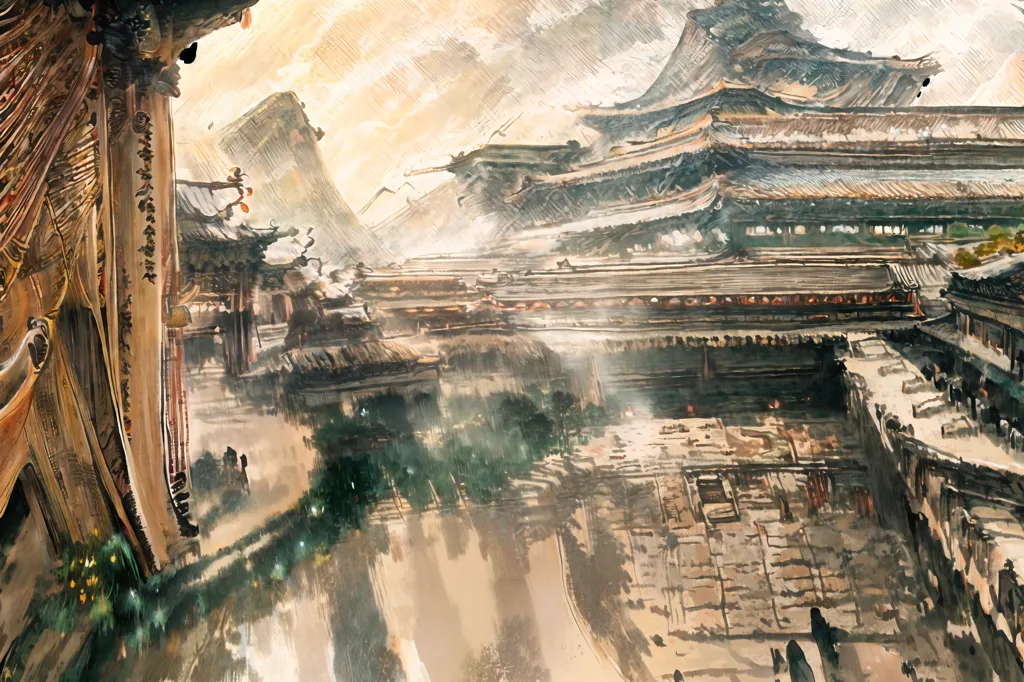 The image is a Chinese painting of a palace. The painting is in a realistic style and depicts the palace in great detail. The palace is surrounded by walls and has a large gate in the front. The gate is flanked by two towers. The palace is made of wood and has a tiled roof. The painting is done in muted colors and has a hazy, dreamlike quality.