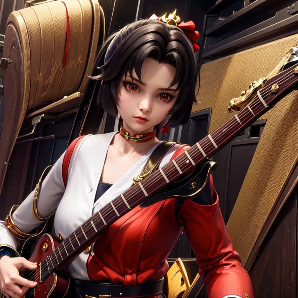 The picture shows a young woman playing the guitar. She has short black hair, red eyes, and is wearing a red and white kimono. The guitar she's playing is red with a white pickguard. She is standing in front of a brown background with some crates and barrels behind her.