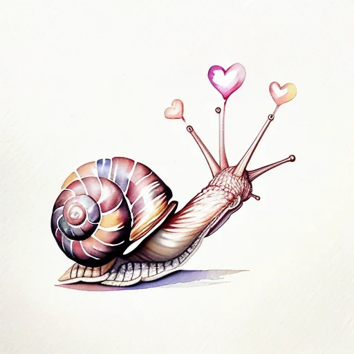 The image contains a snail with a rainbow-colored shell. The snail is facing the left of the image and has three heart-shaped balloons attached to its head by thin stems. The background is white, and the image has a watercolor-like appearance.