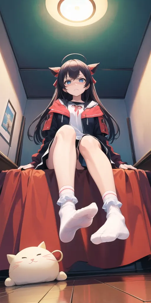 The image is of an anime girl sitting on a bed. She has long brown hair, blue eyes, and cat ears. She is wearing a black jacket, a white shirt, and a red skirt. She is also wearing white socks and black shoes. There is a cat plushie on the floor beside the bed. The girl is looking at the viewer with a curious expression.