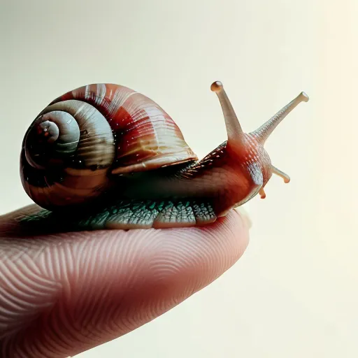 A imagem mostra um caracol em um dedo. O caracol tem uma concha marrom com um padrão em espiral. Seu corpo é de uma cor marrom clara. O caracol está sentado na impressão digital do dedo. O fundo é de uma cor creme.