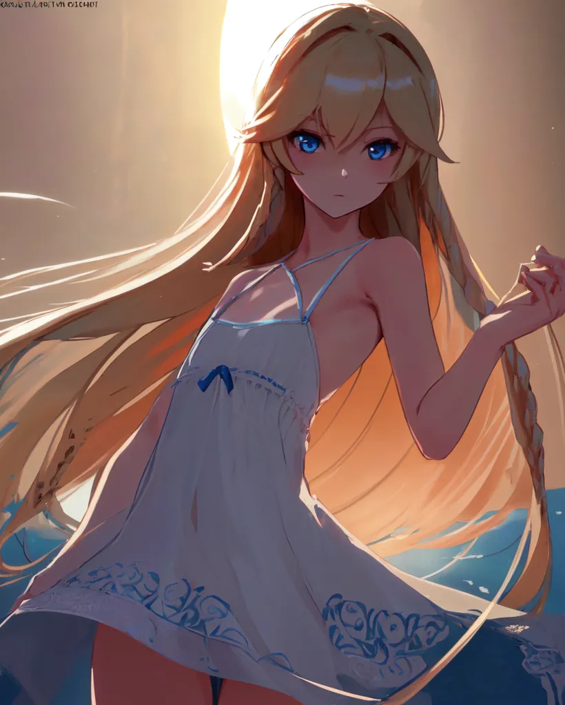 The image shows a beautiful anime girl with long, flowing blonde hair and blue eyes. She is wearing a white dress with a blue sash and a blue flower in her hair. She is standing in a field of flowers, with a large moon in the background. The sun is setting, and the sky is a gradient of orange and yellow. The girl is smiling and looks happy and peaceful.