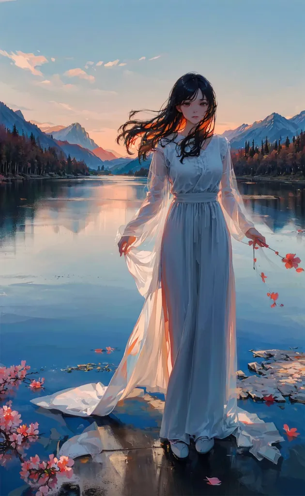 The picture shows a beautiful anime girl with long black hair and brown eyes. She is wearing a white dress and standing in a lake with pink flower petals floating on the water. The girl is looking at the mountain in the distance. The sky is blue with some white clouds.