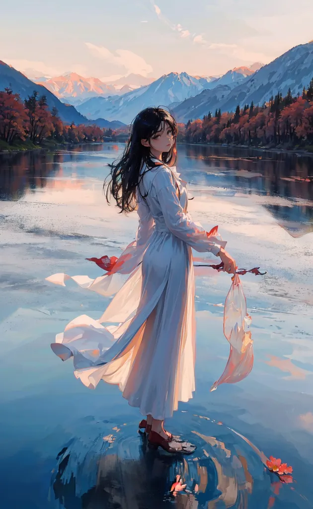 The image is of a beautiful young woman standing on a frozen lake. She is wearing a long white dress and has long black hair. The lake is surrounded by snow-capped mountains and trees. The sun is setting and the sky is a golden orange color. The woman is looking at the viewer with a serene expression on her face.