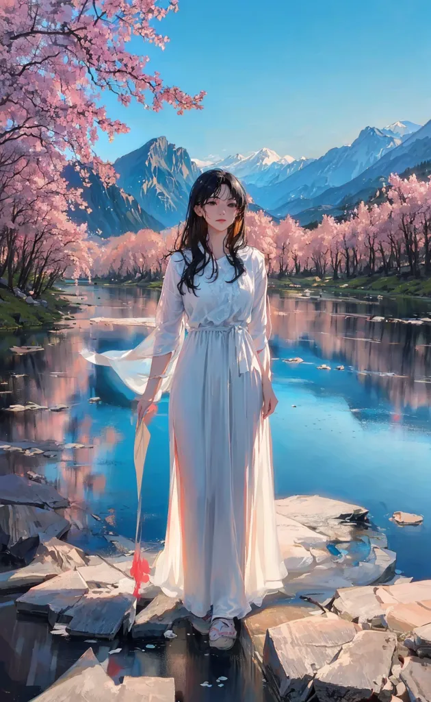 The image is of a beautiful young woman standing on the edge of a lake. She is wearing a long white dress and has long black hair. The lake is surrounded by mountains and trees, and the water is a deep blue color. The sky is blue and there are some clouds in the distance. The woman is holding a pink ribbon in her right hand. She is looking at the lake and seems to be lost in thought.