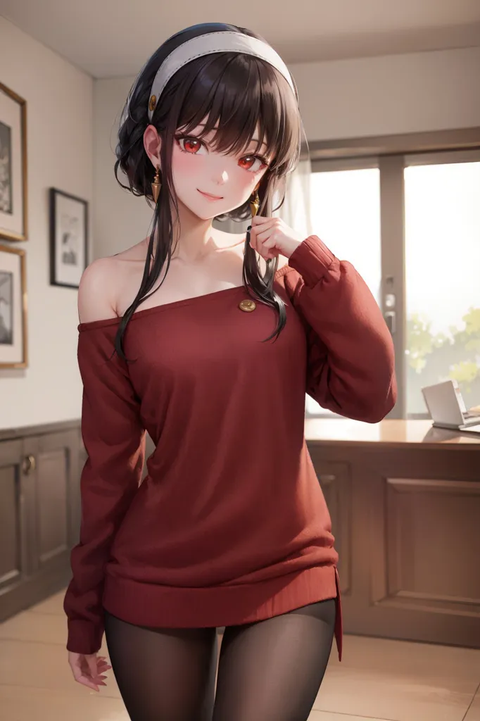 The image shows a young woman with long black hair and red eyes. She is wearing a red off-the-shoulder sweater and black tights. She is standing in a room with a wooden floor and a large window. There is a desk in the background. The woman is smiling and looking at the viewer.