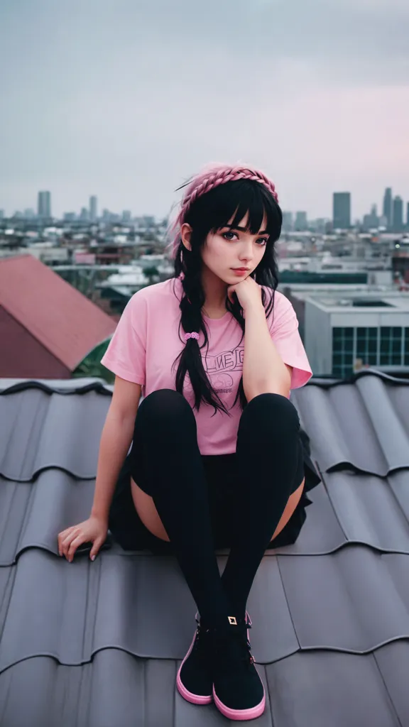 A girl with black hair and pink highlights is sitting on the edge of a building. She is wearing a pink shirt, black shorts, and black boots. The girl is looking down at the city below. The sun is setting, and the sky is a gradient of pink, orange, and yellow. The city is full of tall buildings, and the lights are starting to turn on. The girl is alone, and she looks sad.