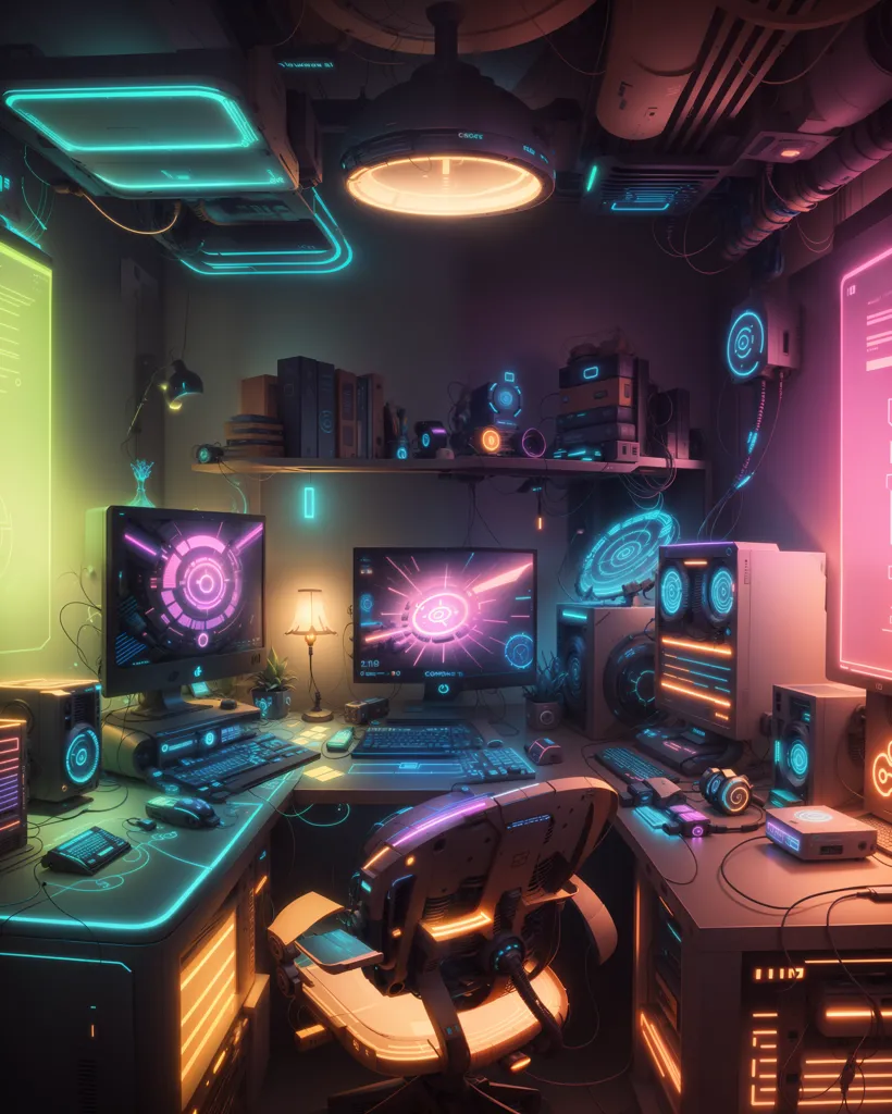 A imagem é uma representação de uma sala de jogos futurista. O quarto é escuro, com a única luz vinda dos vários dispositivos eletrônicos. Há três monitores de computador, um teclado e um mouse na mesa. Há também uma cadeira de jogos, um fone de ouvido e um alto-falante. As paredes são cobertas de luzes de néon e há vários outros dispositivos e gadgets eletrônicos espalhados pelo quarto. O ambiente geral do quarto é de luxo de alta tecnologia.