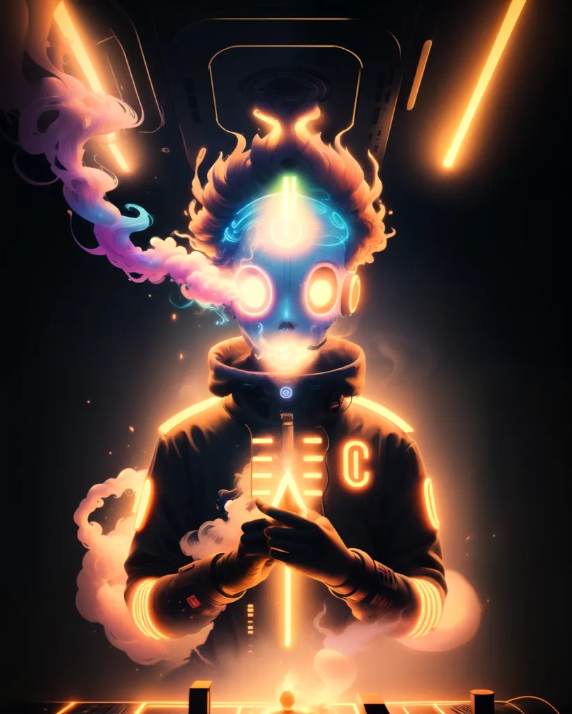 The image is a dark-skinned person with short hair and glowing white eyes. They are wearing a black hoodie with a white symbol on the chest and white gloves. They are surrounded by orange smoke and there are bright orange lights in the background. The person is holding a glowing white object in their hands.