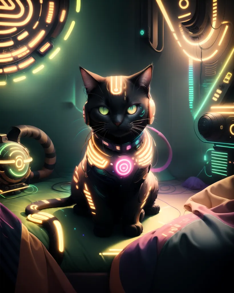 The image is a digital painting of a black cat wearing a glowing yellow and pink collar. The cat is sitting on a bed in a dark room. The bed is covered in a purple blanket. There are several glowing objects on the floor around the cat, including a vacuum cleaner, a speaker, and a pair of headphones. The cat is looking at the viewer with its big, green eyes. The image is full of vibrant colors and has a futuristic feel to it.