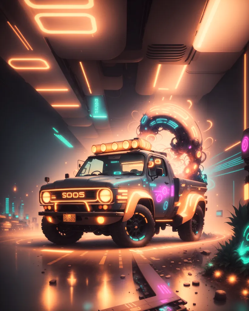 The image is set in a dark and rainy city. The only light comes from the neon lights of the city and the headlights of a retro pickup truck. The truck is carrying a large, glowing orange creature in its bed. The creature is made of light and has the body of a snake and the head of a dragon. It appears to be injured, and there is a large gash in its side. The truck is being driven by a young man with short brown hair and a beard. He is wearing a black jacket and jeans. He looks tired and worried. The truck is driving down a wet road, and the rain is splashing up against the windshield. The city is in the background, and it is dark and gloomy. The only other thing that can be seen is a large, glowing orange creature flying in the sky. It appears to be the same creature that is in the truck bed, but it is much larger.