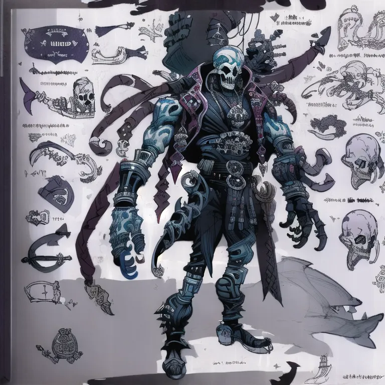 The image is a concept art of a pirate skeleton. It is a black and white image with some blue and purple highlights. The skeleton is wearing a hat, a coat, and boots. It has a sword in its right hand and a hook in its left hand. It is standing on a wooden plank. In the background, there is a ship and a shark.