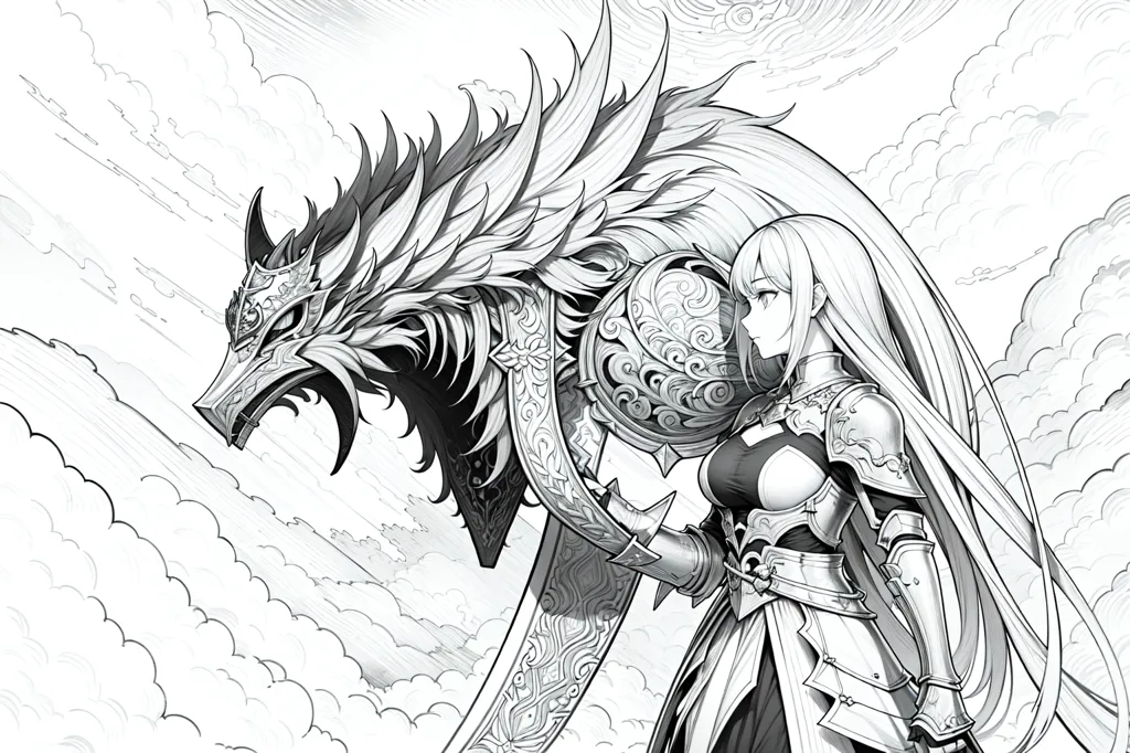 The image is a black-and-white line drawing of a woman and a wolf. The woman is standing on the left side of the image and is wearing a suit of armor. She has long hair that is flowing in the wind. The wolf is standing on the right side of the image and is facing the woman. It has a large mane and sharp teeth. The background of the image is a cloudy sky.