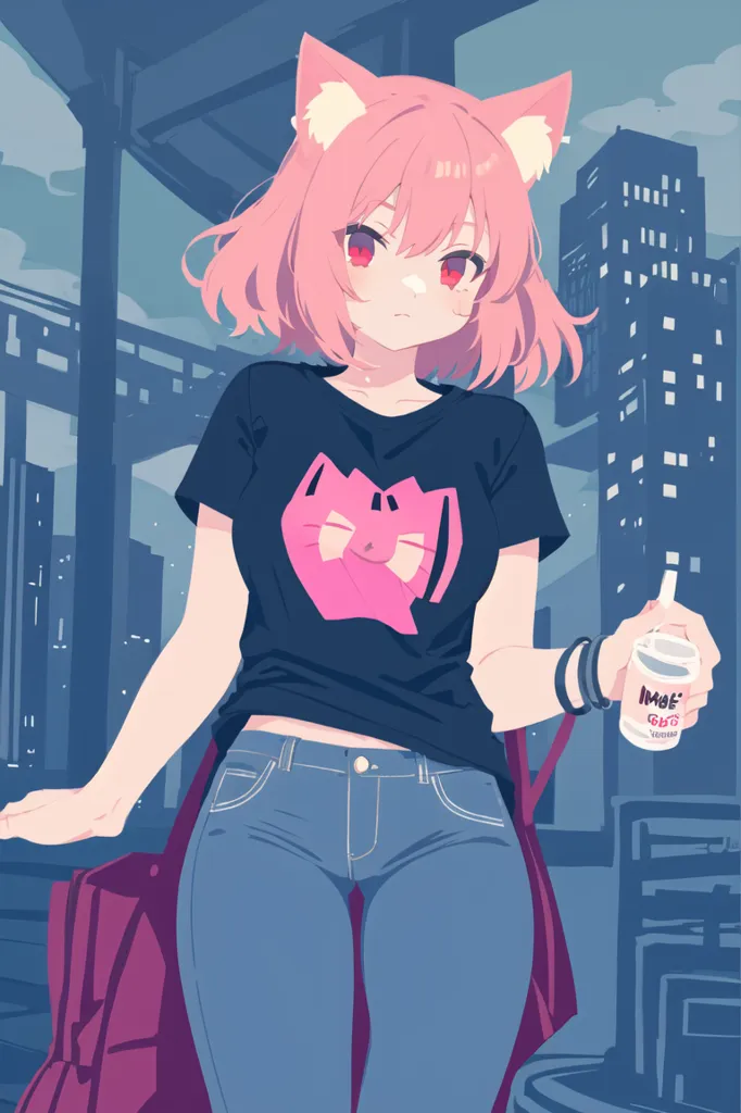 La imagen es de una chica con estilo anime de cabello rosa y orejas de gato. Lleva una camiseta negra con un gato rosa, pantalones vaqueros azules y una mochila rosa. También lleva una bebida en la mano derecha. Está de pie en una calle de la ciudad con altos edificios al fondo. La imagen está dibujada en un estilo semi-realista y los colores son vibrantes y brillantes.