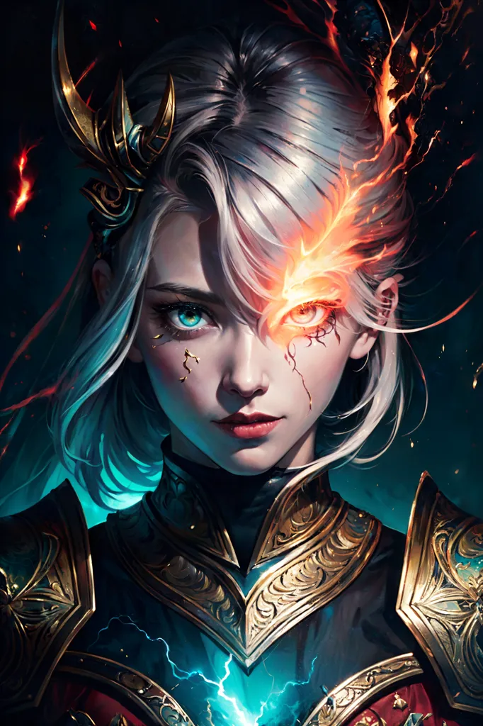 This is an image of a woman with white hair and blue eyes. She is wearing a golden and red armor. There is a fire around her left eye and a lightning around her right hand. She is looking at the viewer with a serious expression. The background is dark with some red and blue lights.