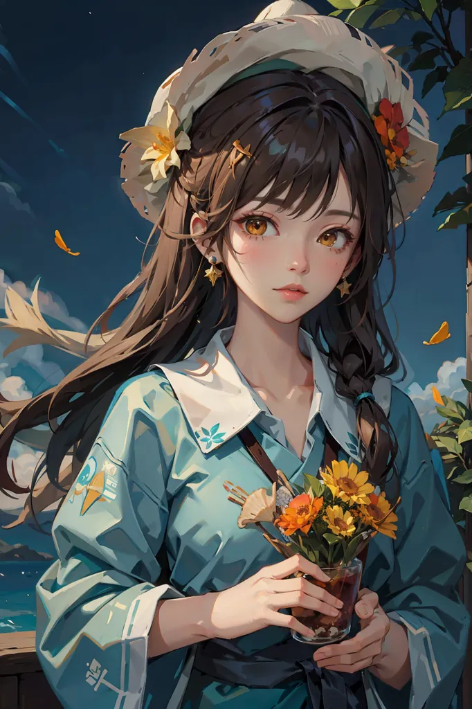 This is an image of a beautiful anime girl with long brown hair, yellow eyes, and a gentle smile. She is wearing a blue shirt and a white hat decorated with flowers. She is standing in a field of flowers, holding a vase of sunflowers. The background is a blue sky with white clouds. The girl is looking at the viewer with a serene expression.