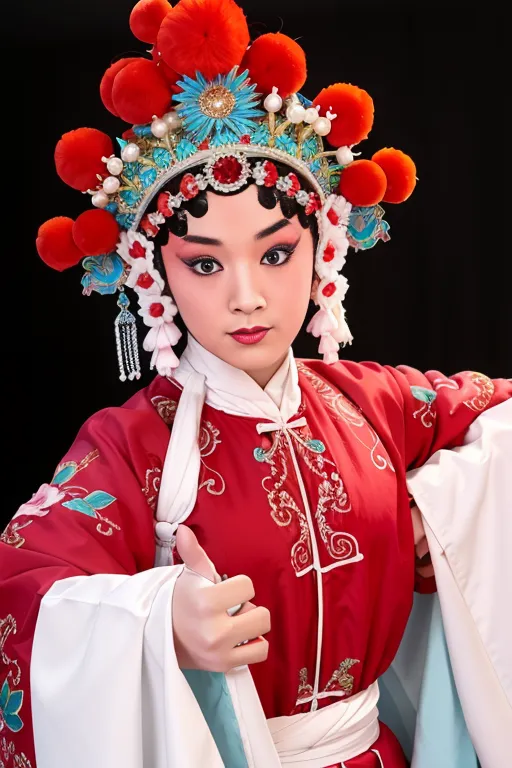 The picture shows a young woman in a red and gold Chinese opera costume. She is wearing a headdress with red and blue pom poms and a long white scarf. Her face is painted with white makeup and she is wearing red lipstick. She is giving a thumbs up with her right hand.