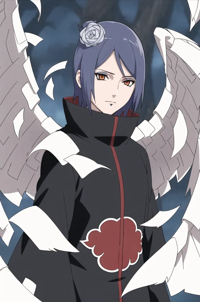 The image shows a kunoichi from the anime series Naruto. She has purple hair and eyes, and she is wearing a black Akatsuki cloak with a red cloud on the back. She also has a white rose in her hair. She is standing in a dark, forest-like area, and she is surrounded by paper wings. The wings are made of white paper, and they are fluttering in the wind.