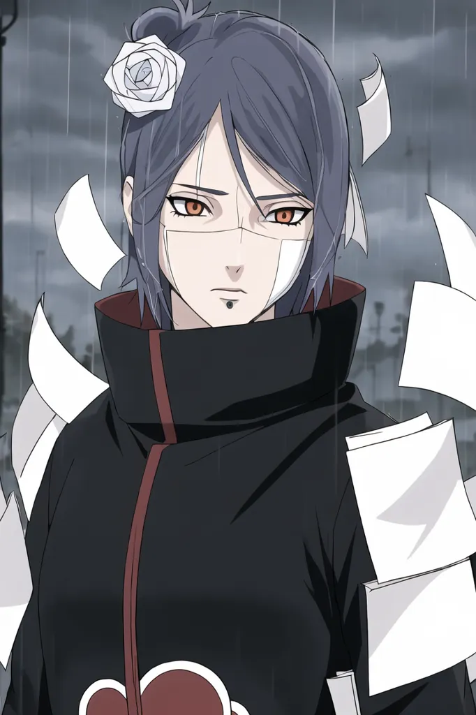 The image shows a young woman with long blue hair and purple eyes. She is wearing a black Akatsuki cloak with a red cloud on the back. She has a white rose in her hair and a piercing under her left eye. She is standing in a rainy street with papers flying around her.