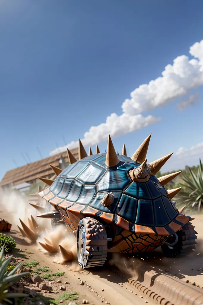 This is a computer-generated image of a vehicle that resembles a turtle. It has a blue and orange shell with spikes sticking out of it and wheels for legs. The vehicle is moving quickly through a sandy area, kicking up dust behind it. There are cacti and other plants on either side of the path. The sky is blue, and there are some clouds in the distance.