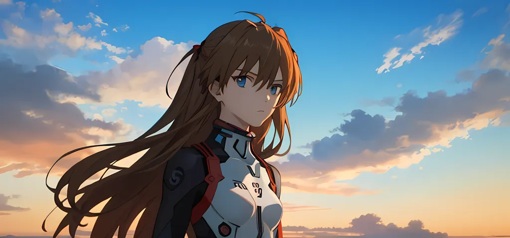 This is an image of a young girl with long brown hair and blue eyes. She is wearing a white and red bodysuit with a high collar and a black choker. She is standing in front of a cloudy sky with a determined expression on her face.