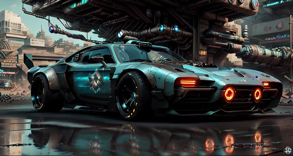 The image is a dark and futuristic rendering of a car. The car is a classic muscle car, with a long hood and a short trunk. It is painted in a dark blue color and has a number of futuristic features, such as glowing blue lights and a sleek design. The car is parked in a dark and rainy alleyway, and there is a building in the background. The image is very detailed and realistic, and it seems like it could be a scene from a movie or a video game.